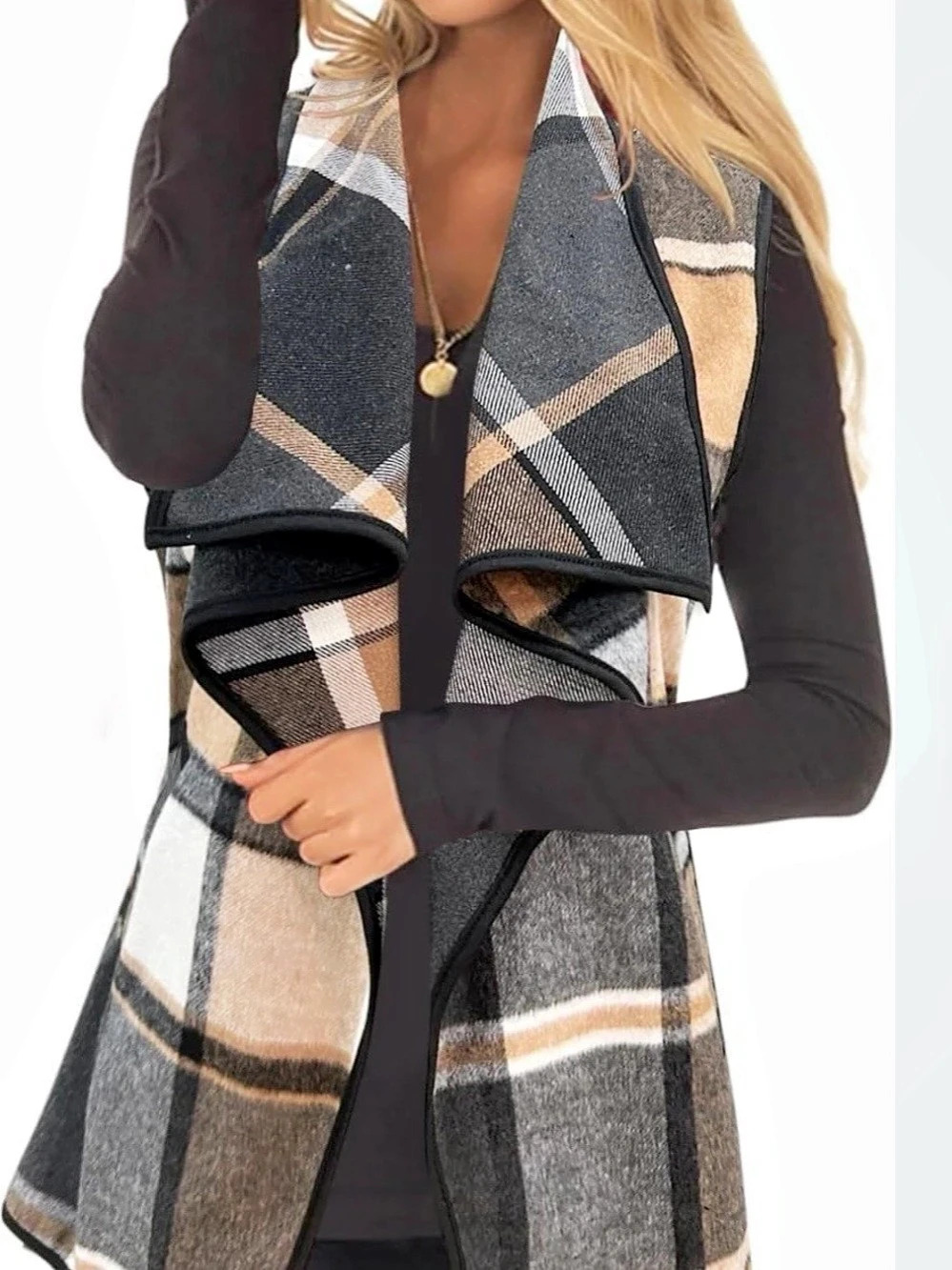 YACUN Plaid Waterfall Draped Vest Sleeveless Cardigan Pockets NEW W/Tags Sz M